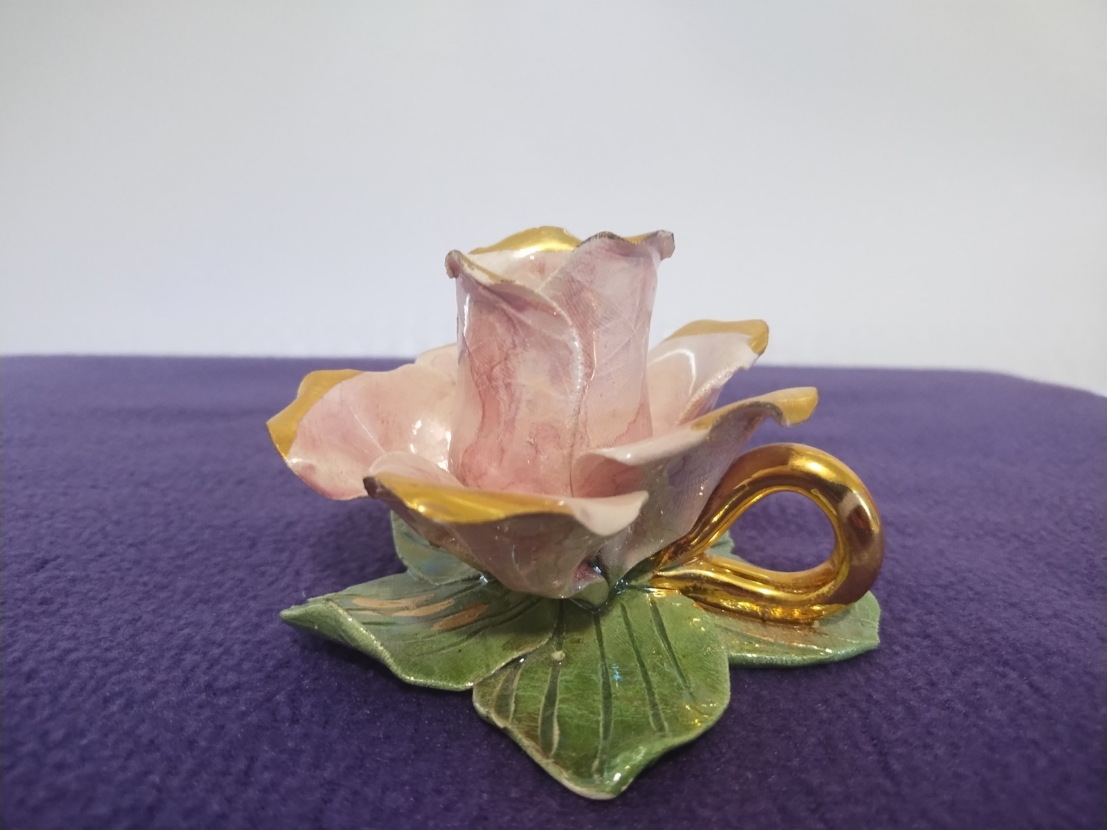 Vintage Candle Holder Flower Rose Pink Hand Made And Painted Delicate Beautiful