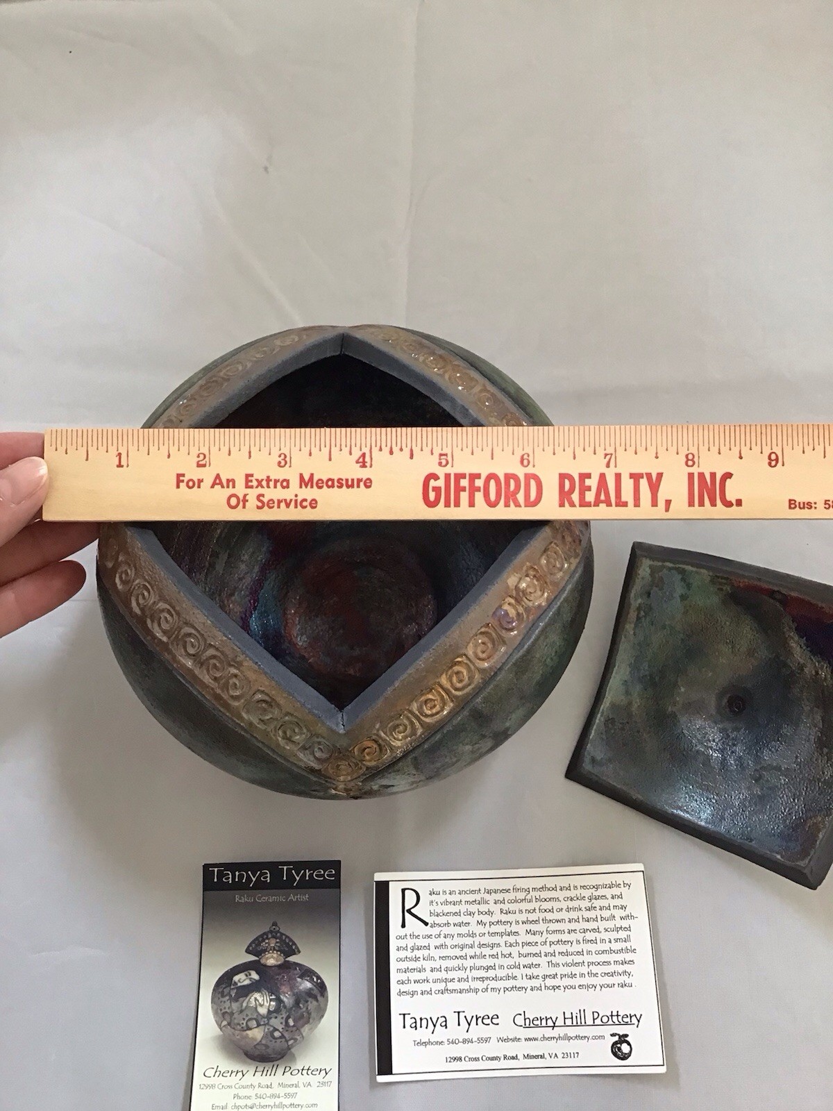 Studio Art Raku Pottery Iridescent Green Lidded Bowl Trinket Box 7” Tyree 2005