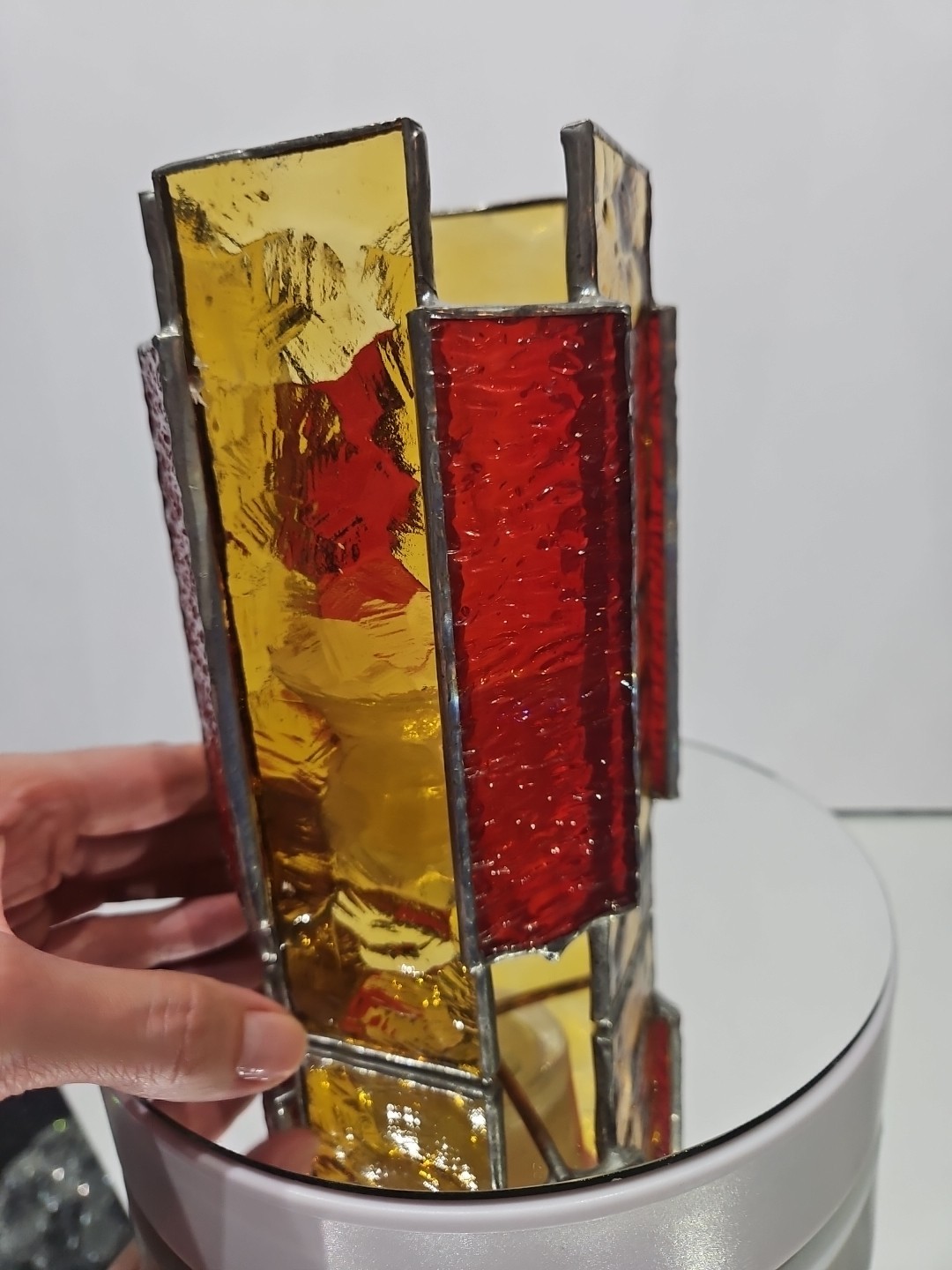 Candle Holder votive or tealight, Panels of Stained glass in Amber & Ruby Red.