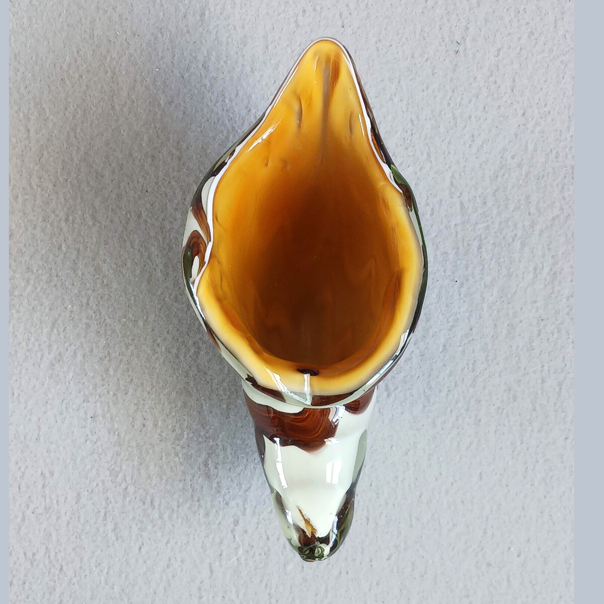 Vintage Murano Style Art Glass Shell White Brown & Yellow Paperweight 7-1/2″ x 4