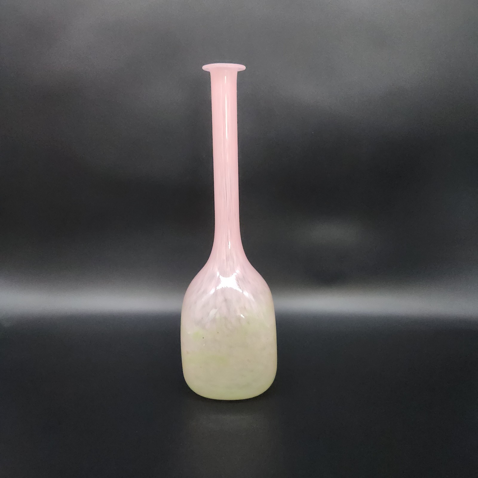 Pink Green Mottled Long Neck Art Glass Vase Home Decor 13″ Tall Square Base