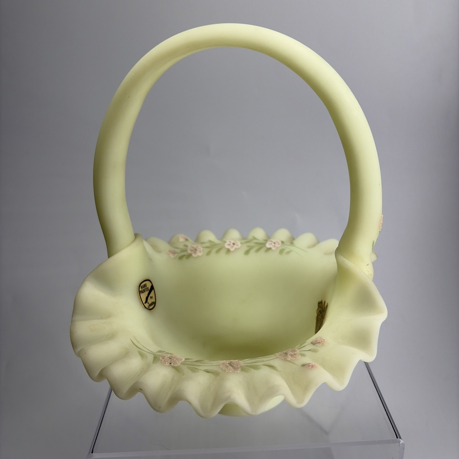 Fenton Vaseline Uranium UV Glow Satin Custard Ruffled Basket 8″ HP Signed USA