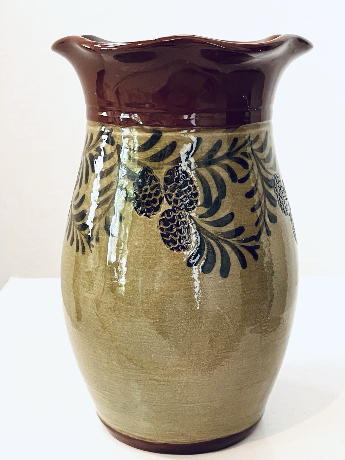 David Eldreth Redware Glazed Pottery Vase Signed 2005 Pinecones 8″ Cottagecore