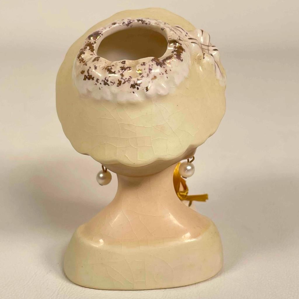 Vintage 1963 E-774 Ceramic Inarco MIJ Lady Head Thank You Vase With Earrings – J