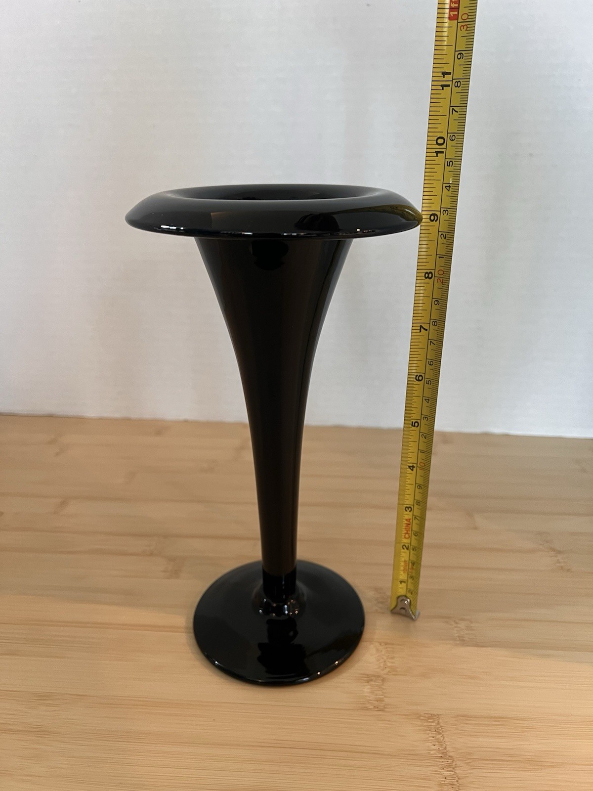 Vintage Black Amethyst Trumpet Vase Art Deco Ebony Rolled Rim Elegant Glass 9”