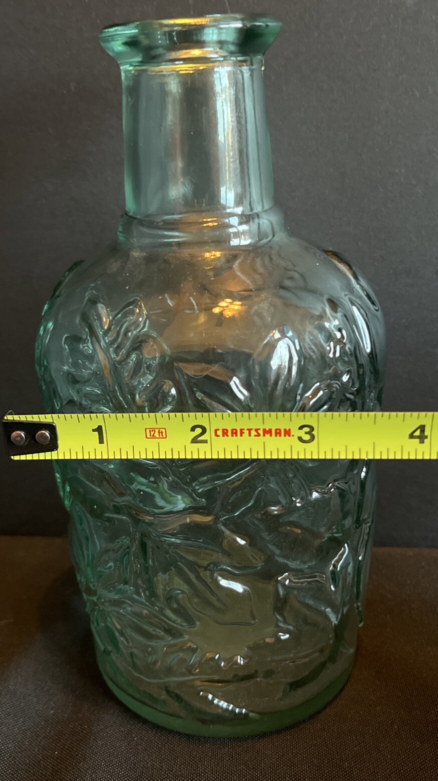 VINTAGE Libbey of Canada Green Glass Maple Leaf Embossed Bottle Decanter