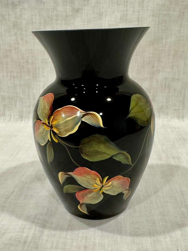 Fenton Vase Ebony Black and Gold Flowers, S 1097/2000, w/22k Mottled Gold, Rare