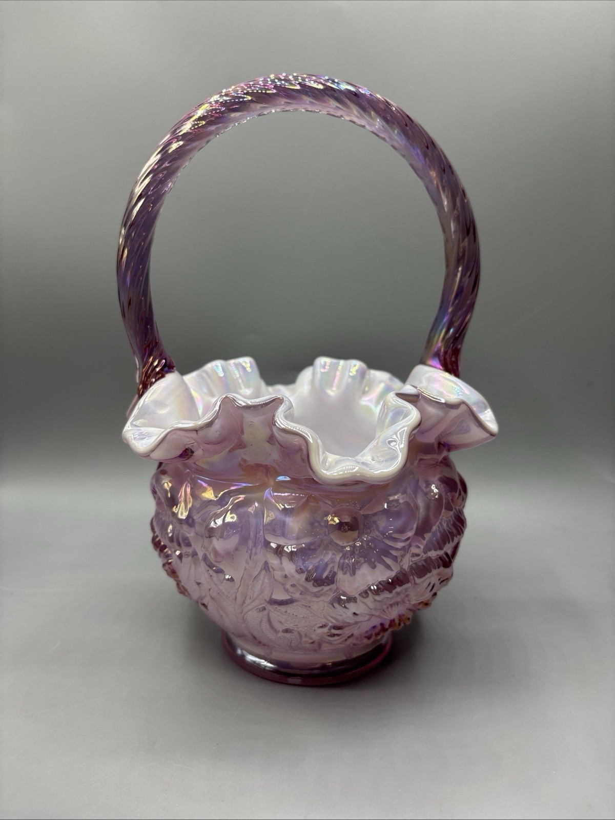 Fenton 1997 Pink Dusty Rose Poppy Overlay Iridescent Glass Basket Excellent Cond