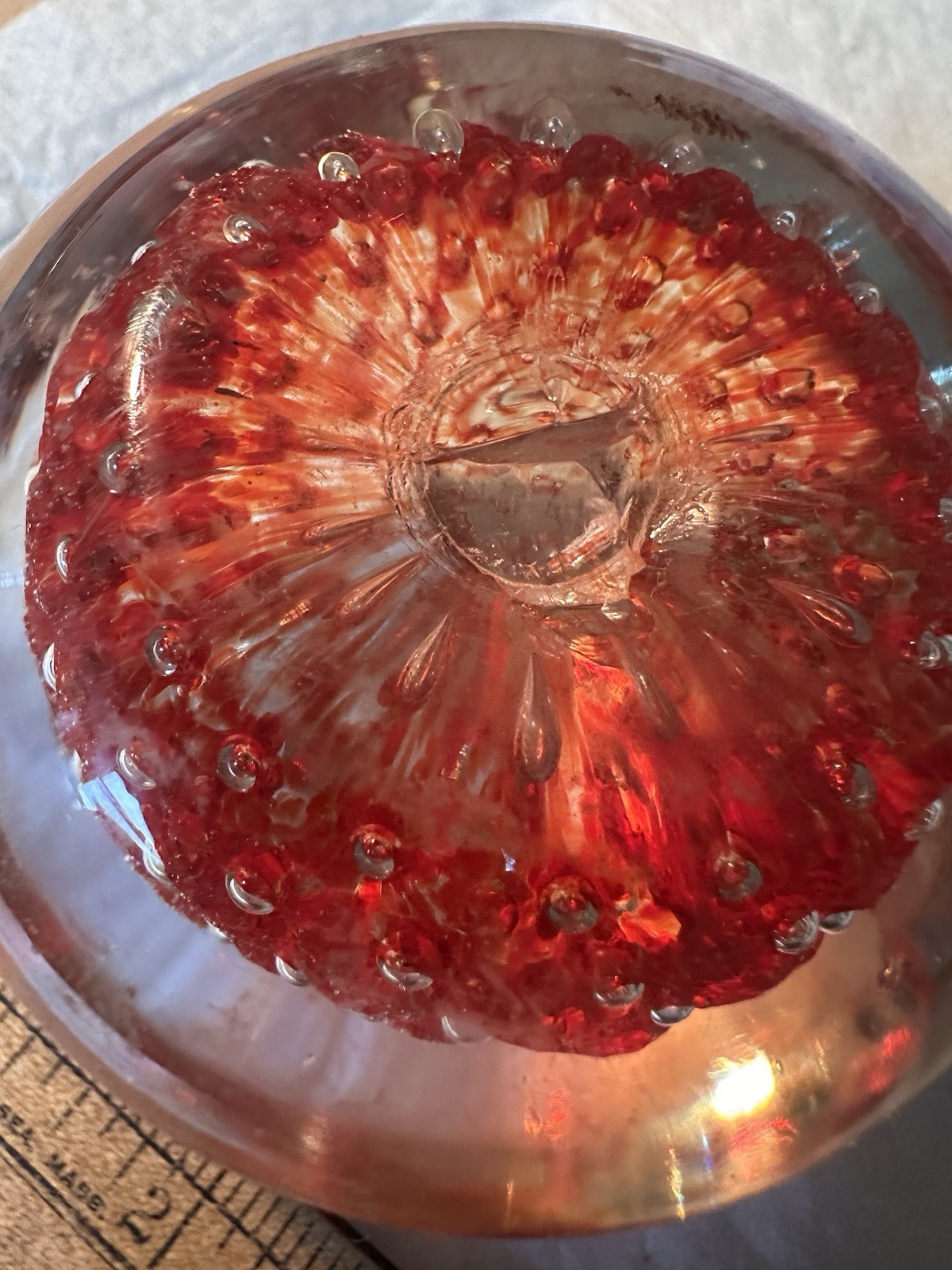 Vintage Glass Paperweight Pink Orange Controlled Bubble Orb Ball Hand Blown