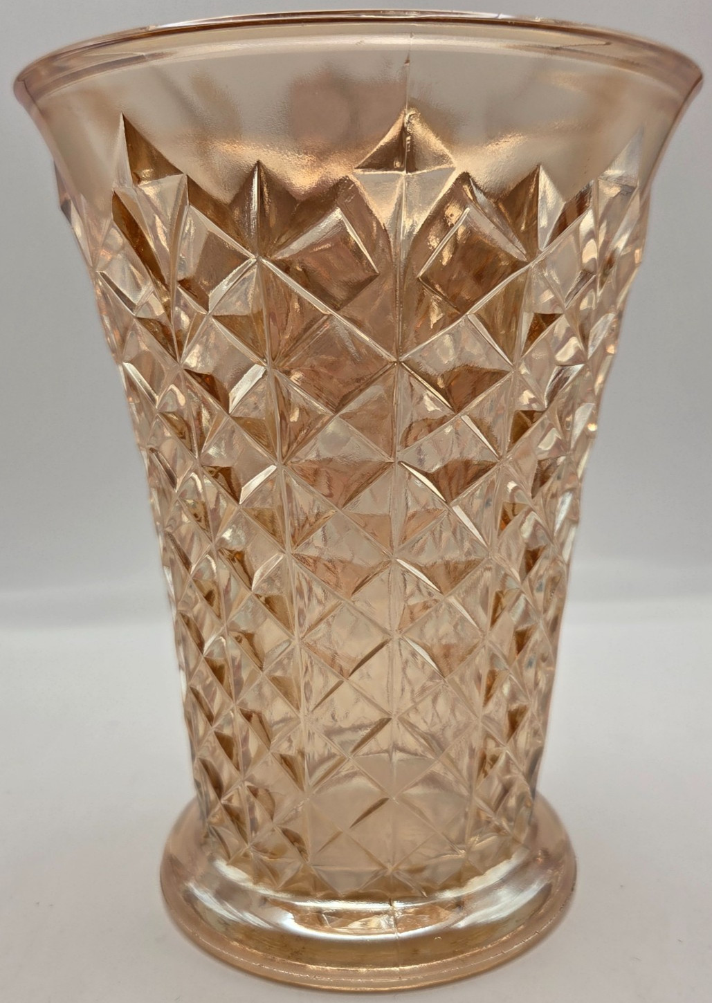Vtg Indiana Glass Diamond Point Vase Marigold Carnival Glass Iridescent 9″ MINT