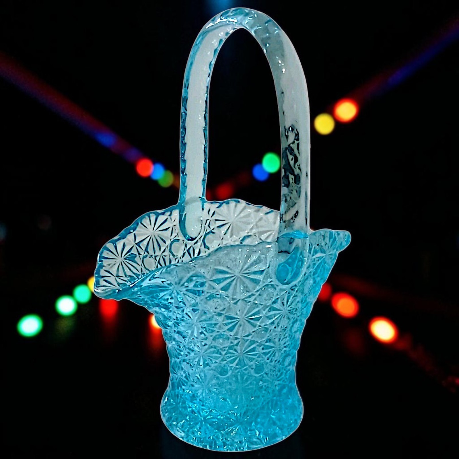 LG Wright Daisy Button Glass Basket Brides Vase Blue Pressed Art Glass Ruffled