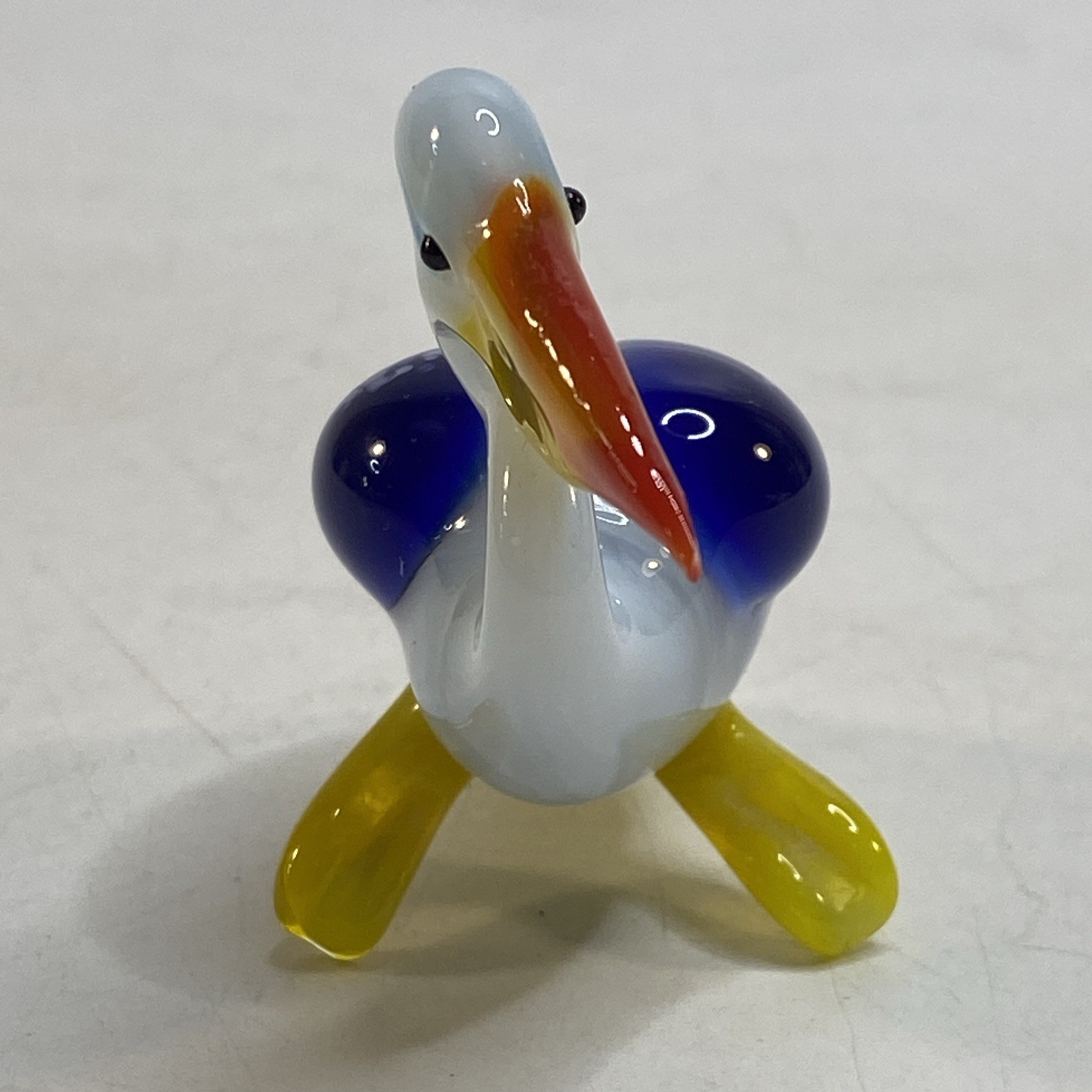 Art Glass Pelican Bird Figurine Hand Blown Vtg Murano Style Blue White 2.5×3.5in