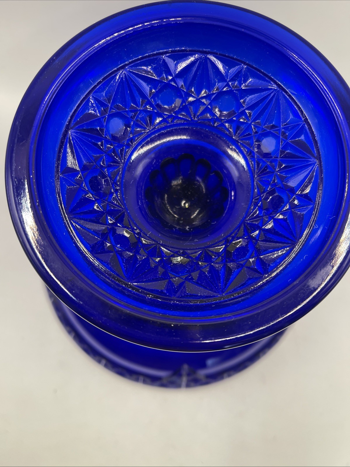 Mosser Cobalt Blue Glass Queen Pattern Footed Compote 7 3/4 in Tall