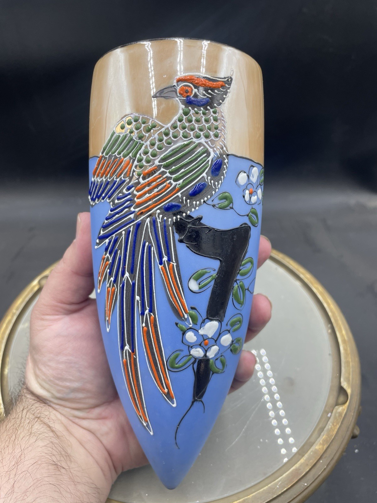 Vintage Japan Bird On Branch And Floral Lusterware Ceramic Wall Pocket 8.5” VG