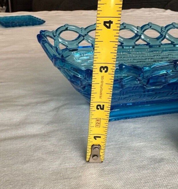 Vintage Indiana Glass Lace Edge Horizon Blue Tray ART GLASS BASKET HANDMADE