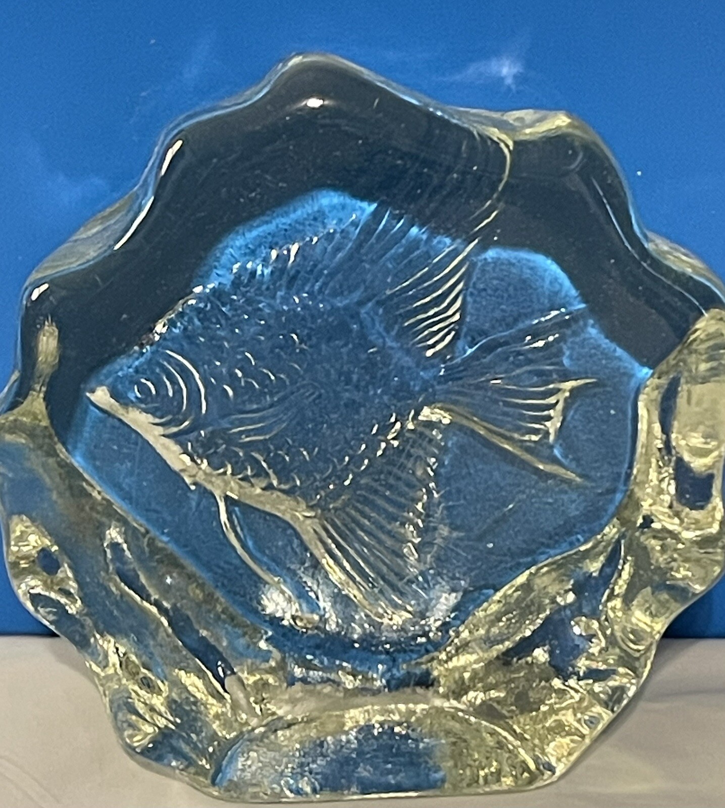 Vintage Crystal Clear Ice Fish Paperweight/display Piece. Measures 4x4x1.5