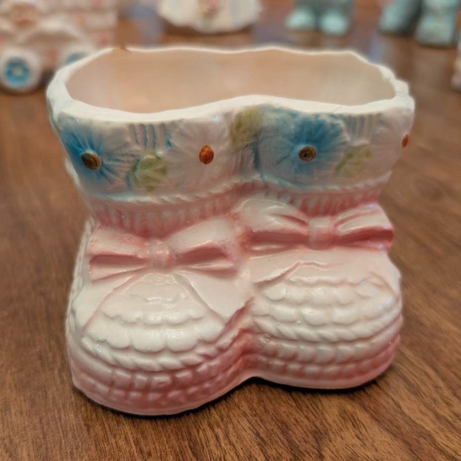 Vintage Rubens Original Ceramic Baby Boot Planter Floral Pink White Blue