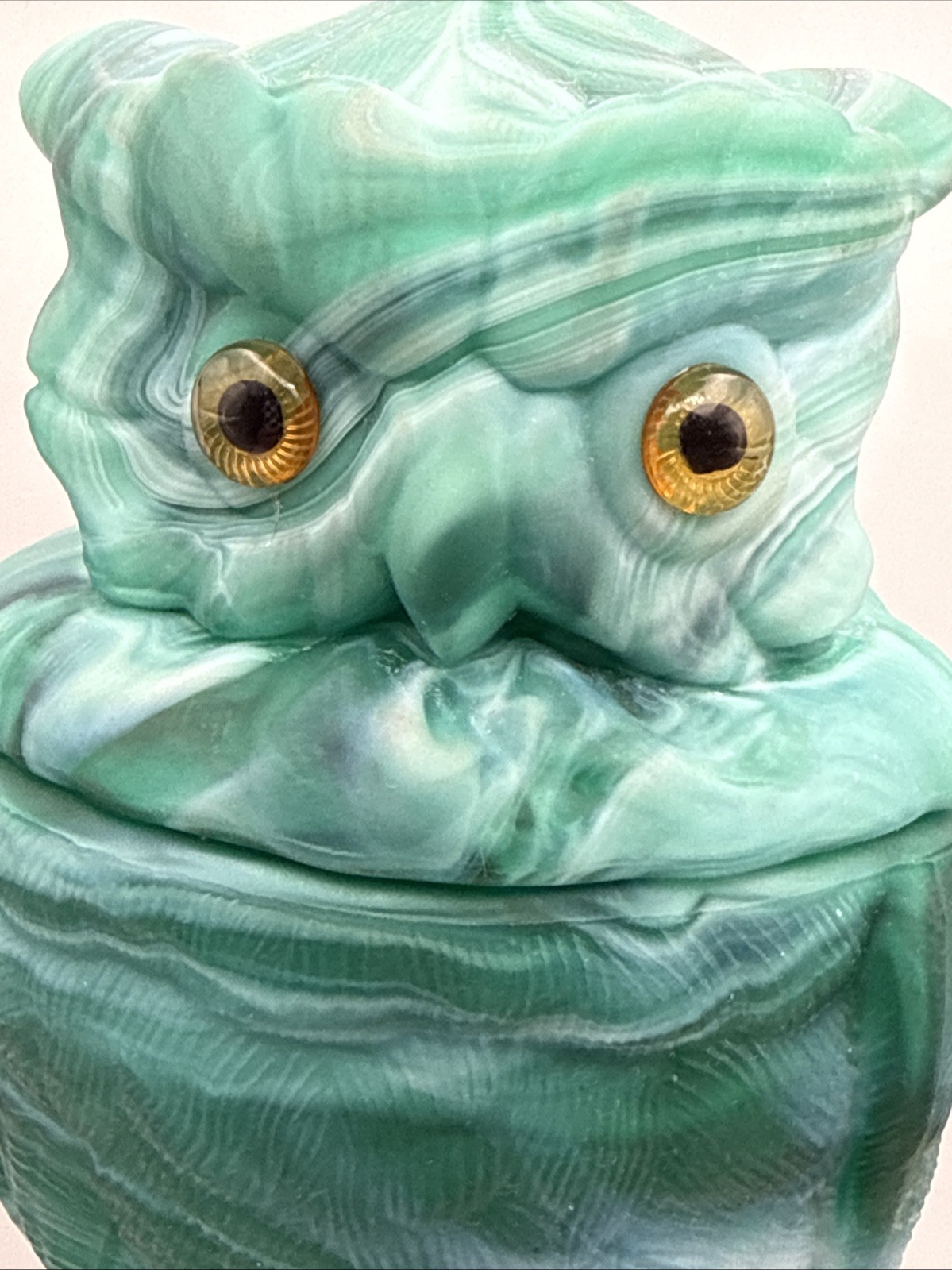 Vintage IMPERIAL SLAG GLASS OWL GREEN JADE SATIN COVERED JAR 6 1/2″ Marked IG