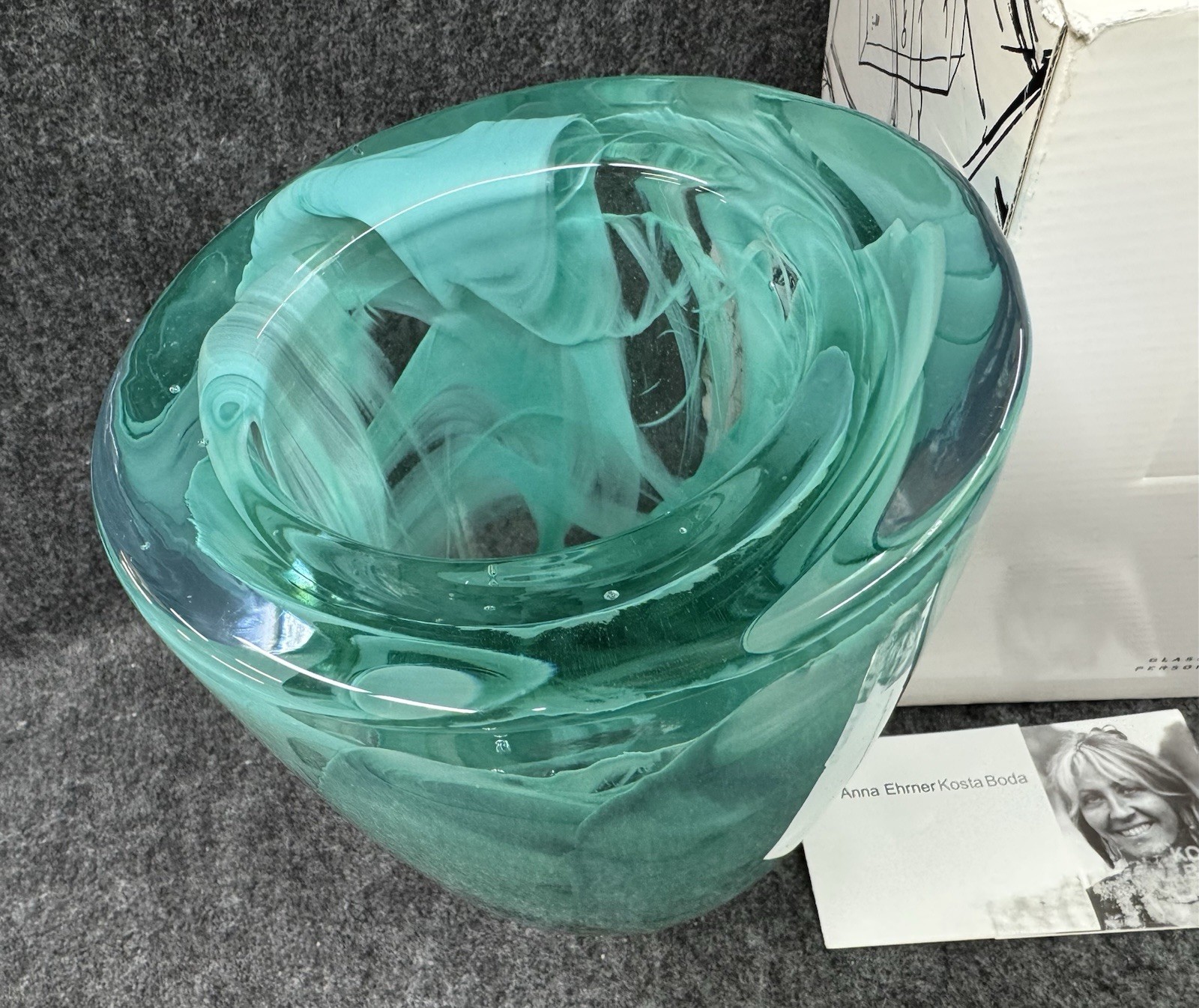KOSTA BODA Atoll Art Glass Vase Heavy Green Teal Swirl Anna Ehrner Sweden w/ Box