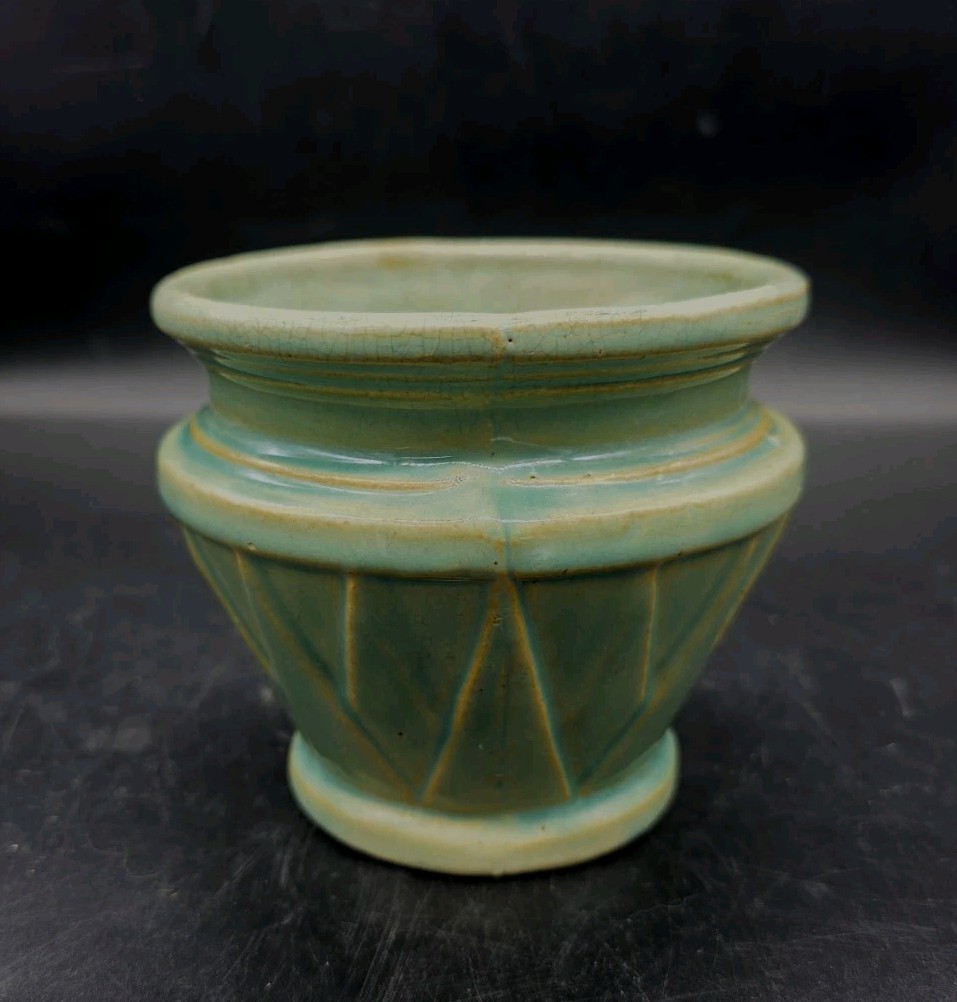 1920s McCoy Pottery Aqua Turquoise Sunburst Deco Cache Pot Jardiniere 4¼”