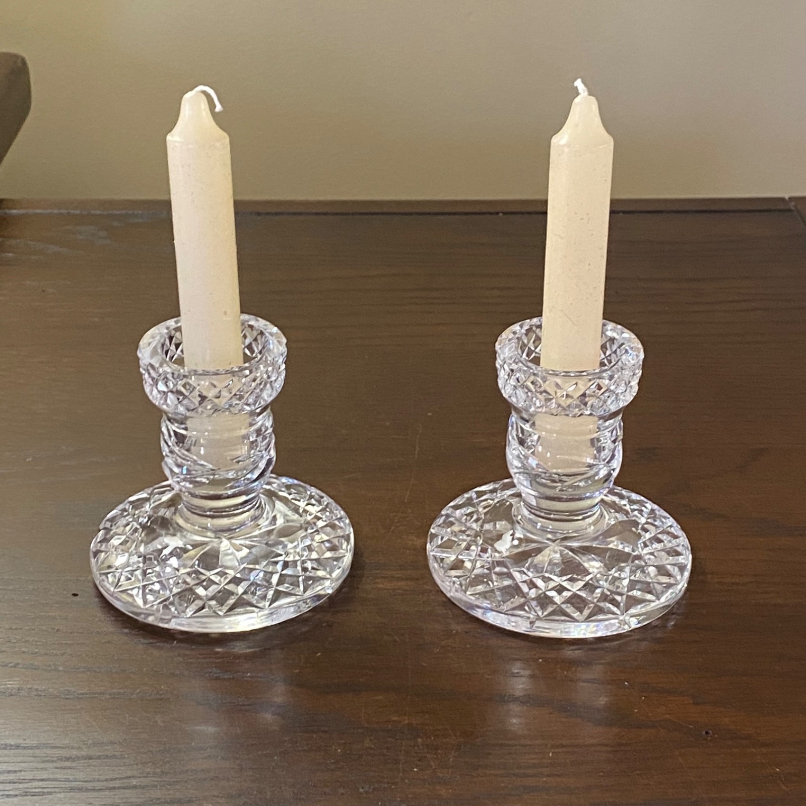 Pair of Waterford Glandore Crystal 3 3/8″ H Candle Holders Candlesticks ~ Signed