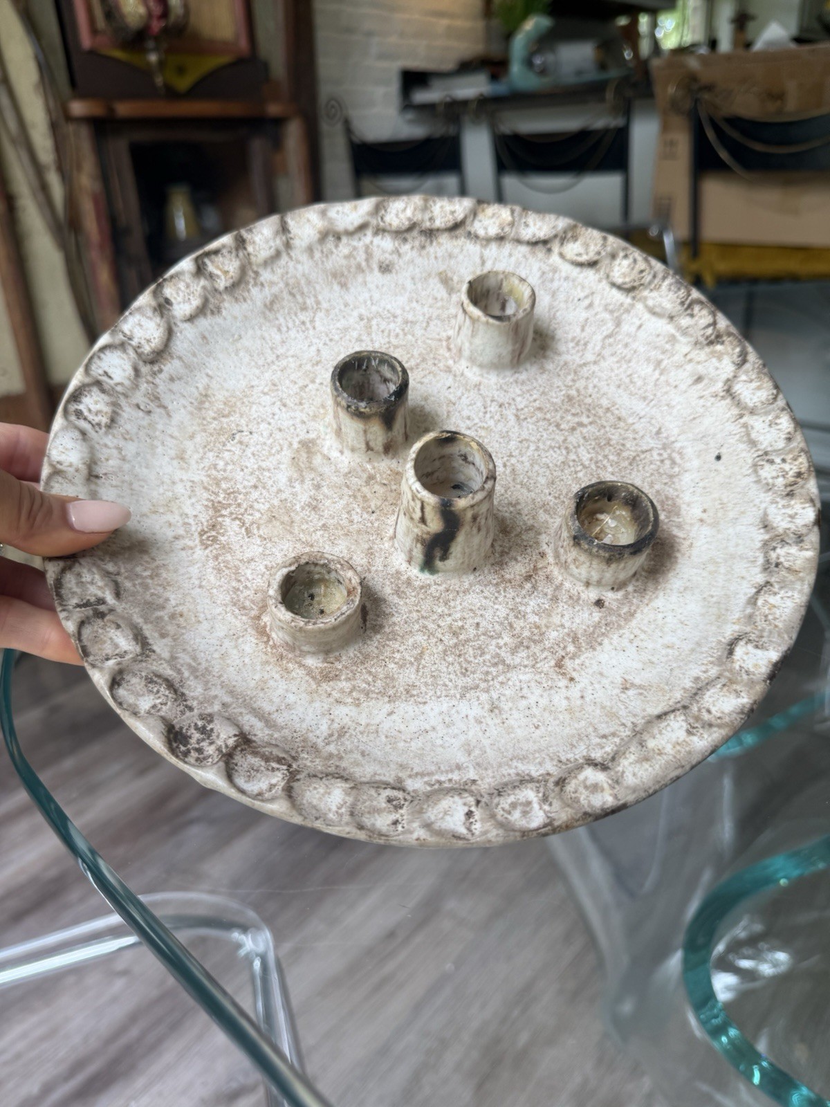 Vintage McCarty Pottery 5 PIPE HOLE Candle Holder Plate Thumbprint 9.5″ Nutmeg