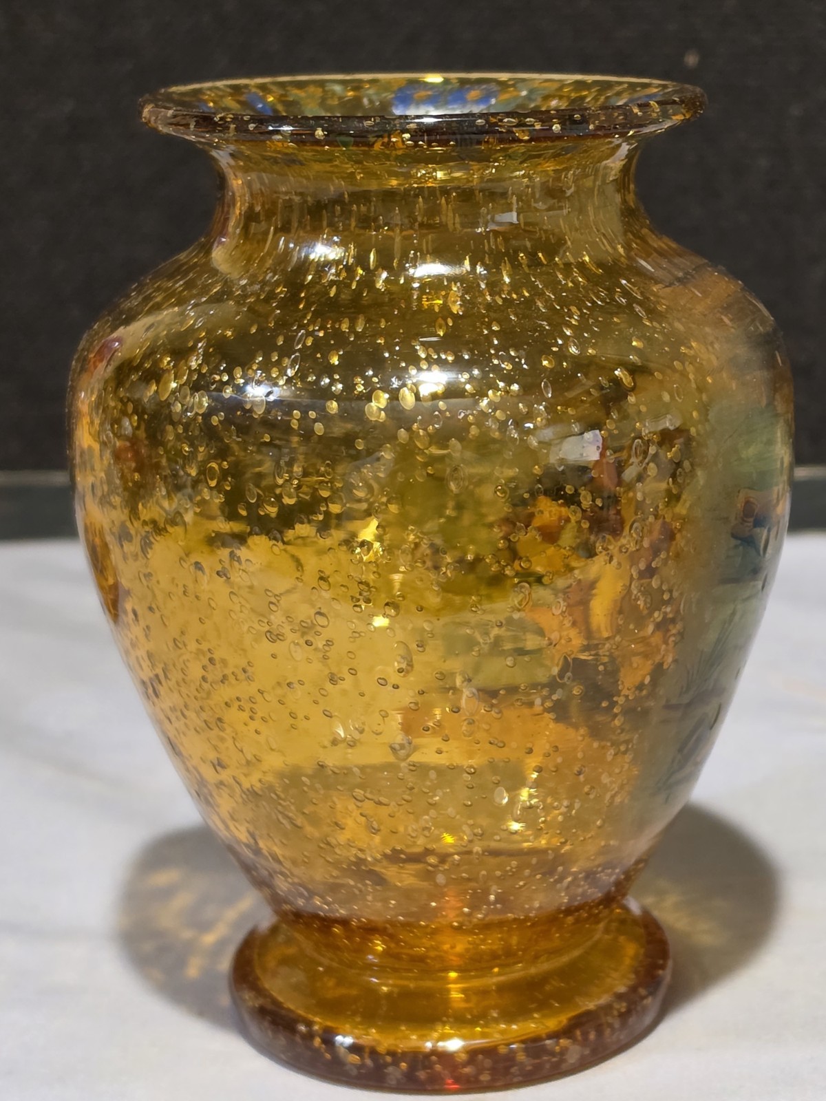 Vintage Moser Style J M Pohl MUSKETEER SCENE Bohemian Amber Bubble Glass Vase