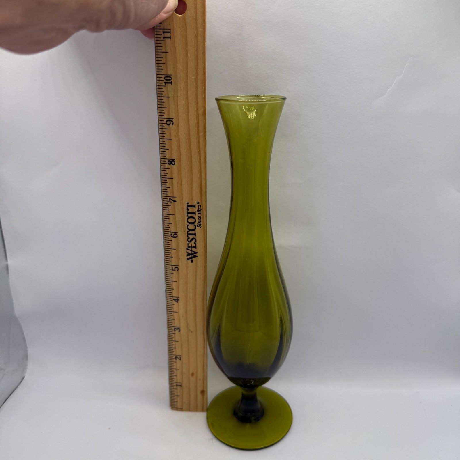 Vintage Empoli Glass Bud Vase Green Ribbed Swung 10″