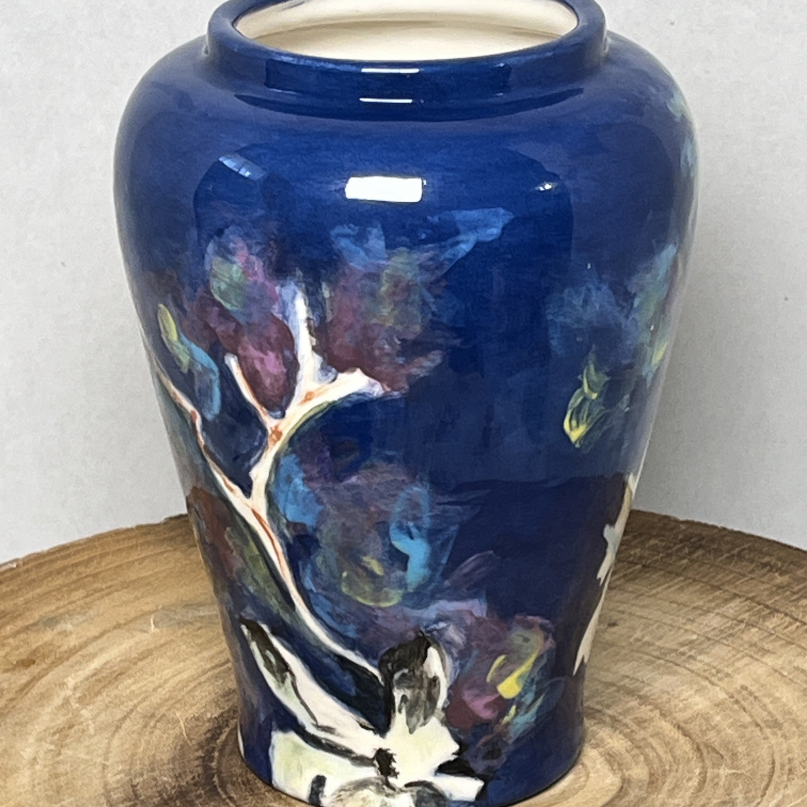 Stunning Art Pottery Hand Painted Vase White Pansies Dogwood Flowers Blue Signed