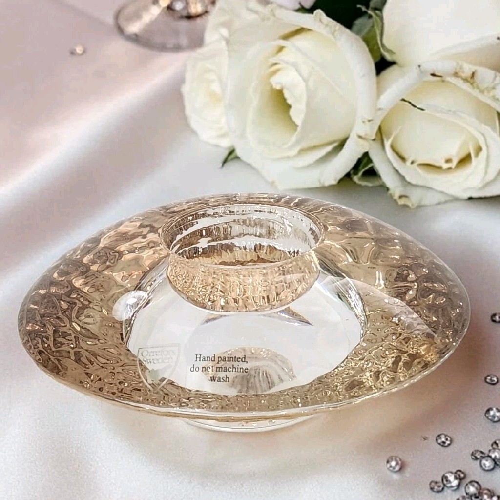 Orrefors Kosta Boda Sweden Gold Discus Votive Lara Hellsten Gold & Clear 2.25″T