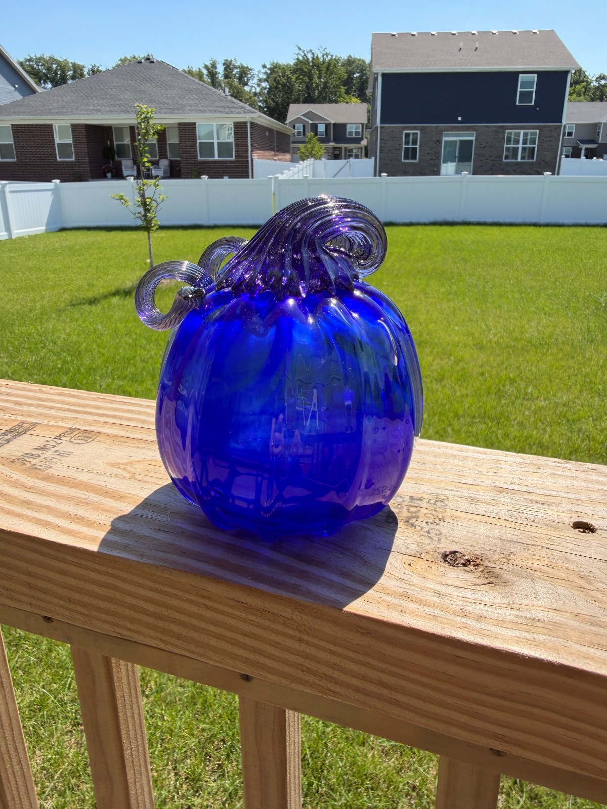 Hand Blown Art Glass Pumpkin Green Yellow Swirl Decorative Fall Harvest 5-6”
