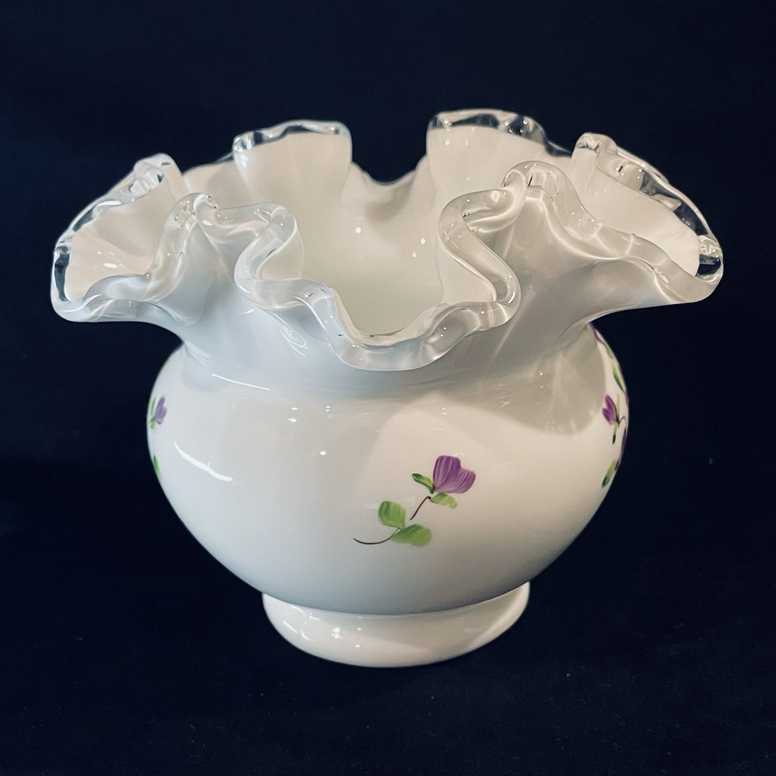 Vtg Fenton HP Silver Crest VIOLETS IN SNOW Rose Bowl Vase Signed Nancy Gribble