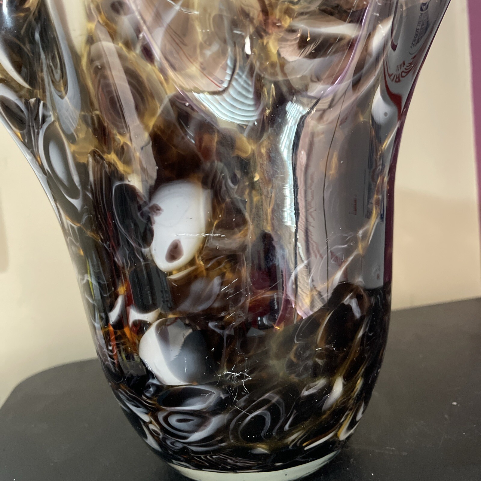 Ruffled Handkerchief Edge Murrhina Vase Brown & White Art Glass 8”