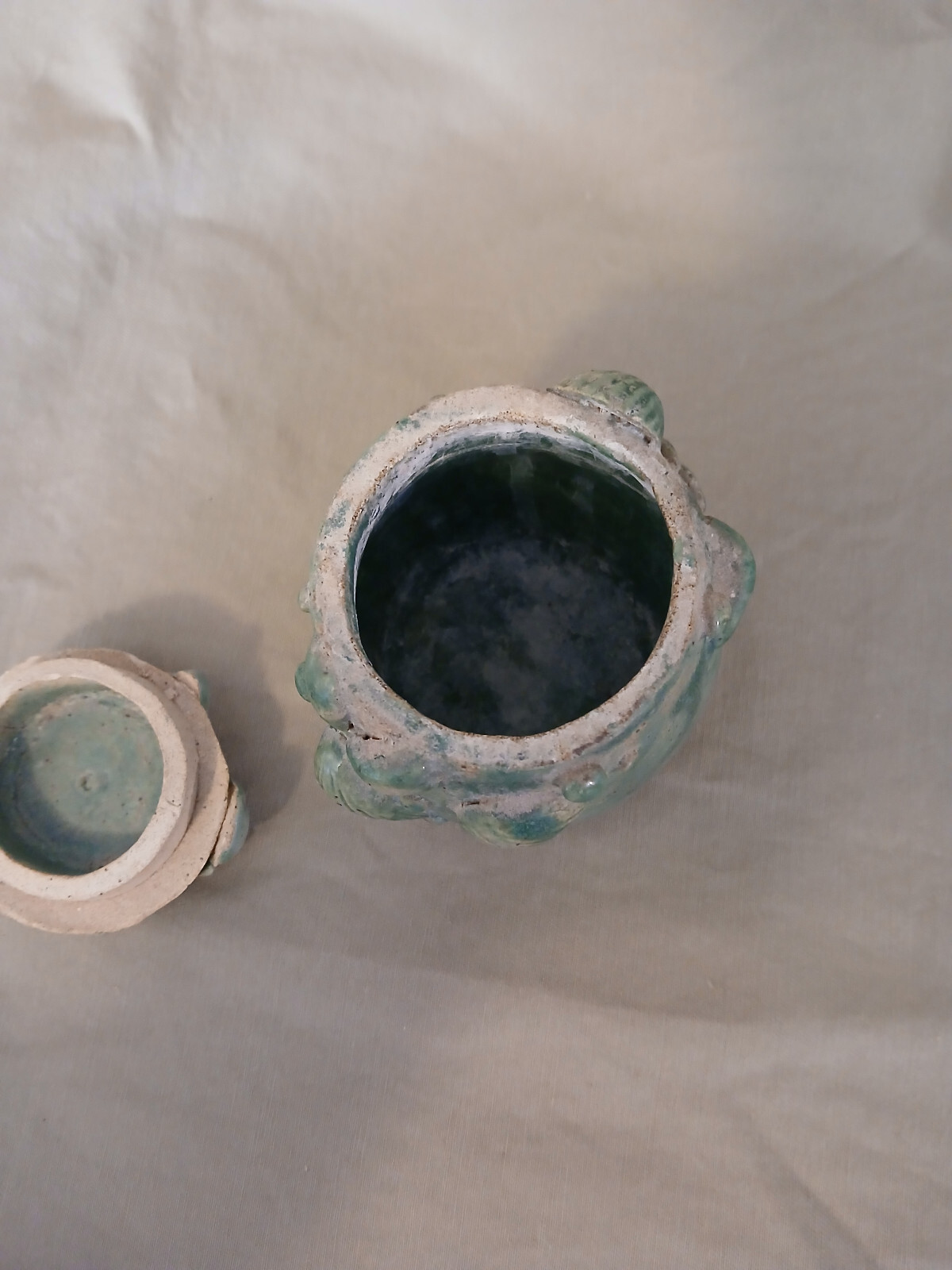 Enchanted Sea Sculpted Majolica Art Pottery Clay Sea Foam Green Lidded Jar 4in