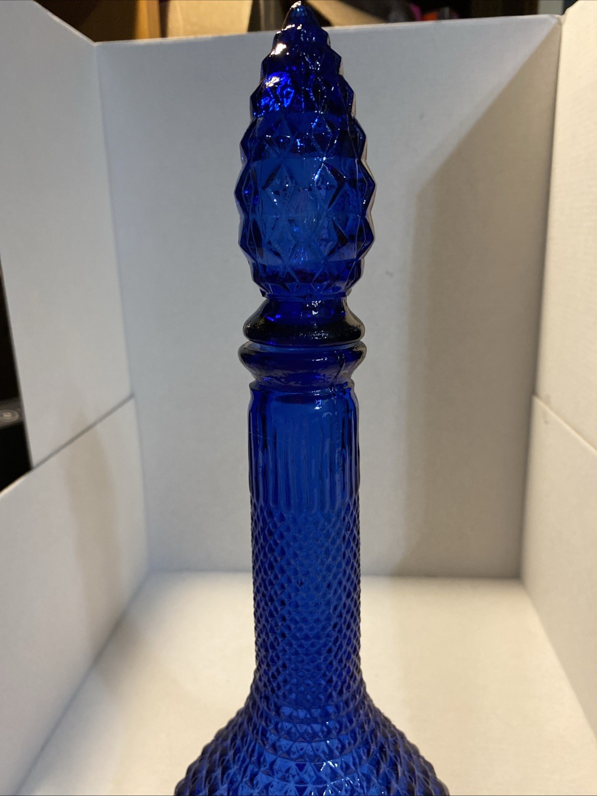 Vtg MCM “Empoli” Dark Cobalt Blue Diamond Point Genie Bottle – 14″ Italy – EPOC