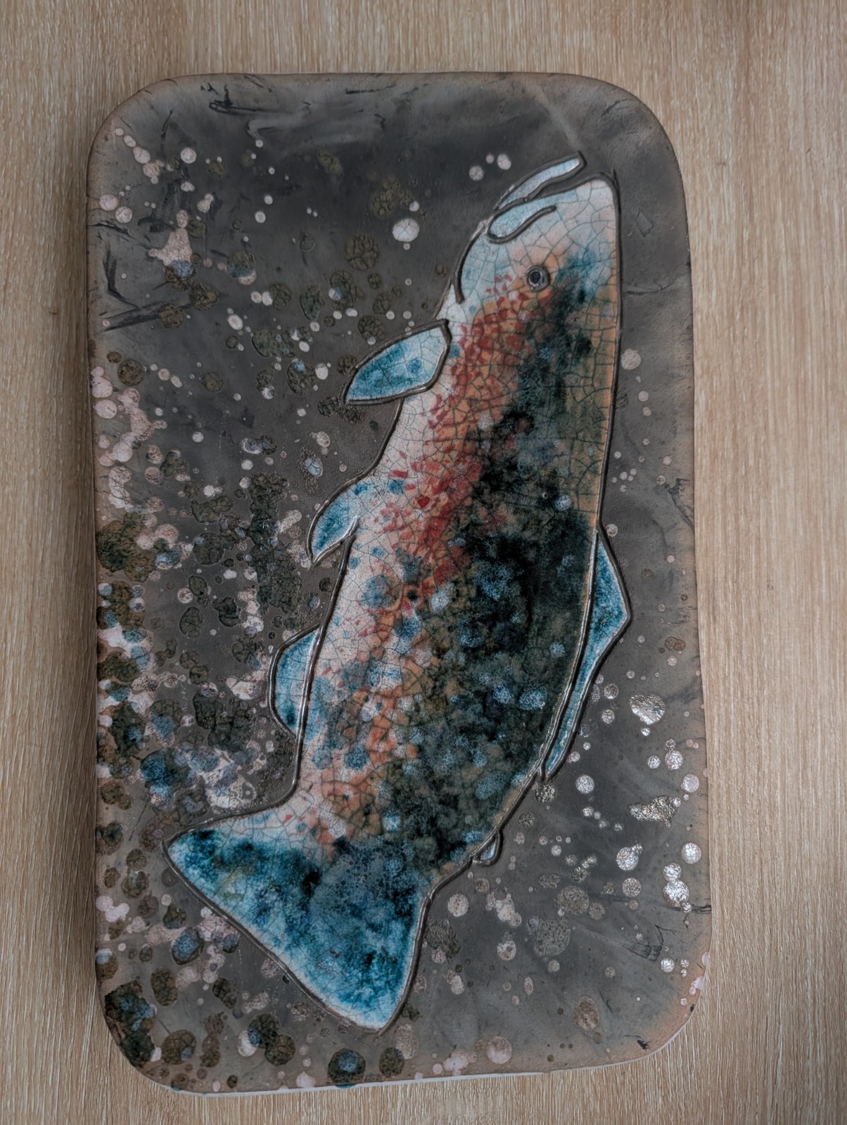Vintage 1991 Hudin Studio Raku Pottery Trout Fish Wall Plaque Tile Platter Art