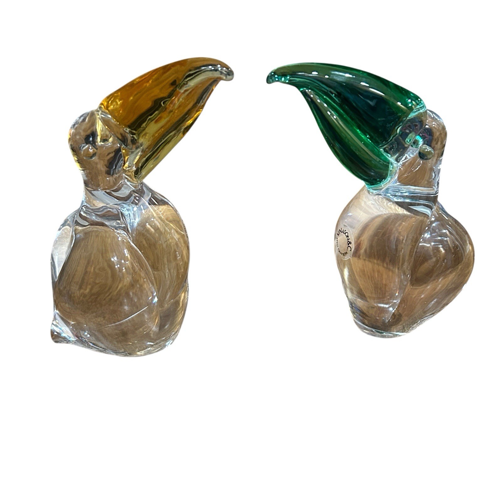 Vintage Murano Glass Bird Figurines V Nason Italy Amber Green Pair Shelf Decor