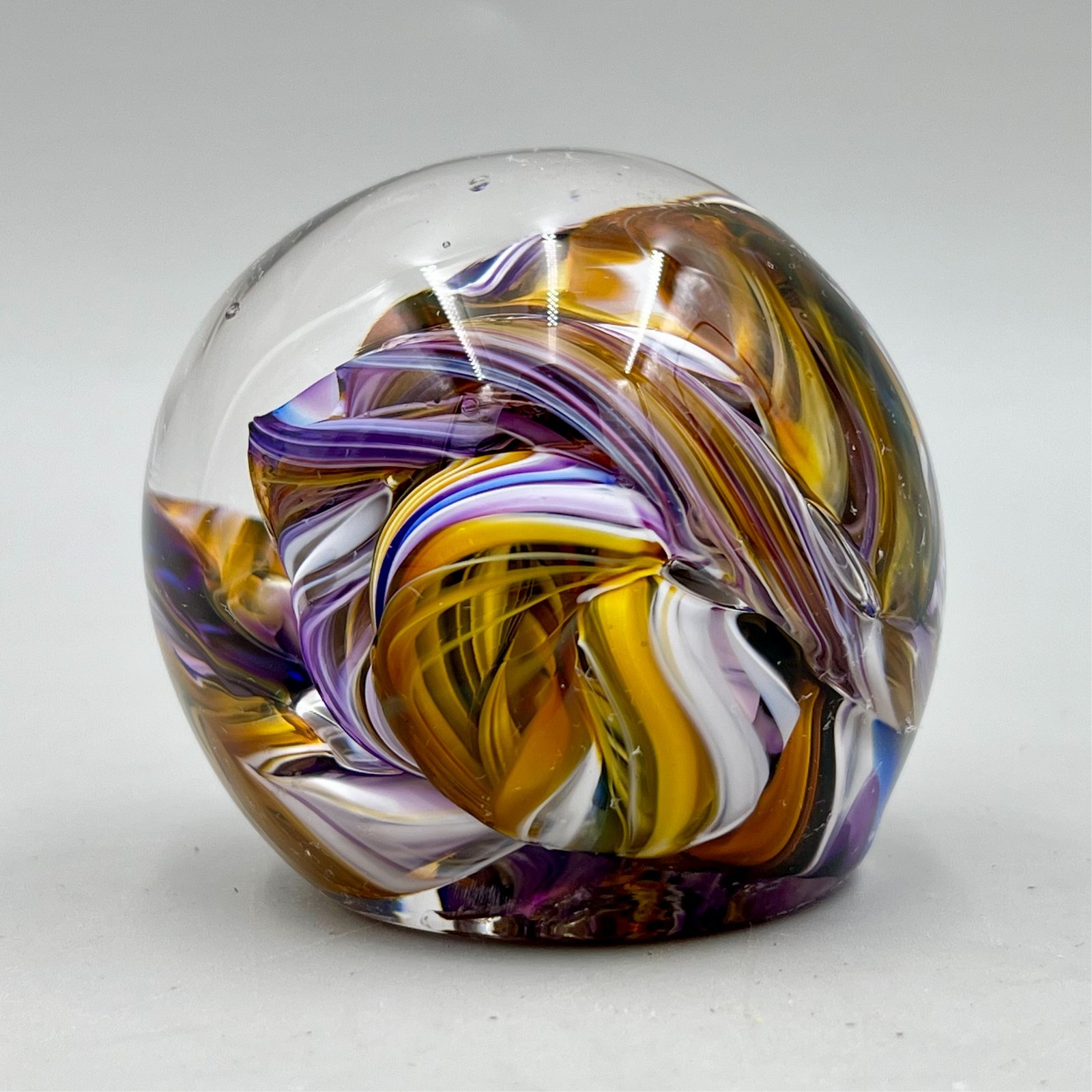 Art Glass Scramble Paperweight Hand Blown Brown & Purple Swirl 2.5″ Round