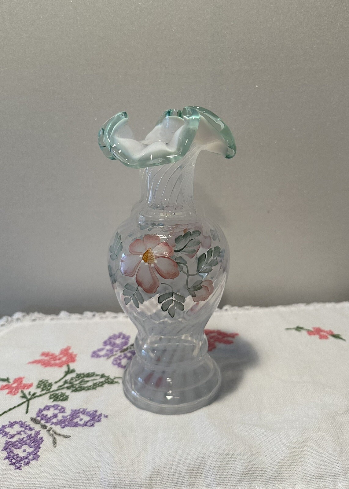 Fenton Art Glass Opalescent Swirl with Mint Green Laced Edge H Painted & Signed