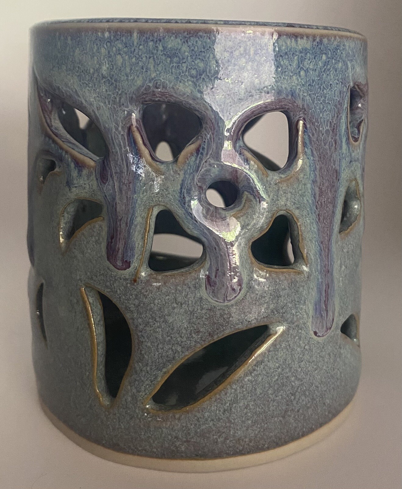 Bay Pottery Studio Art Candle Holder Luminaria Cut Out Floral Detail Purple