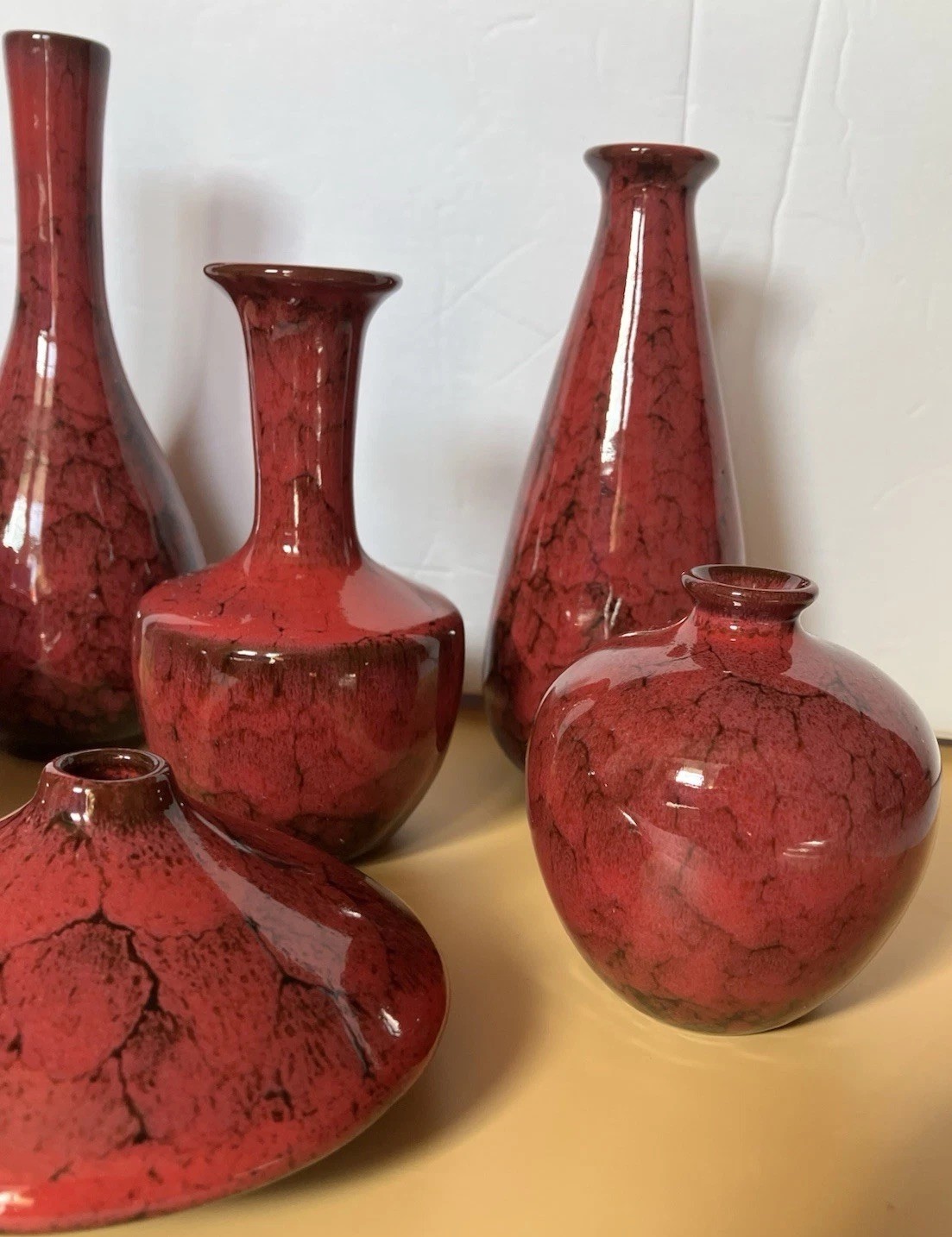 Red And Black Glazed Pottery Small Vases Lot Of 6 Various Sizes And Shapes