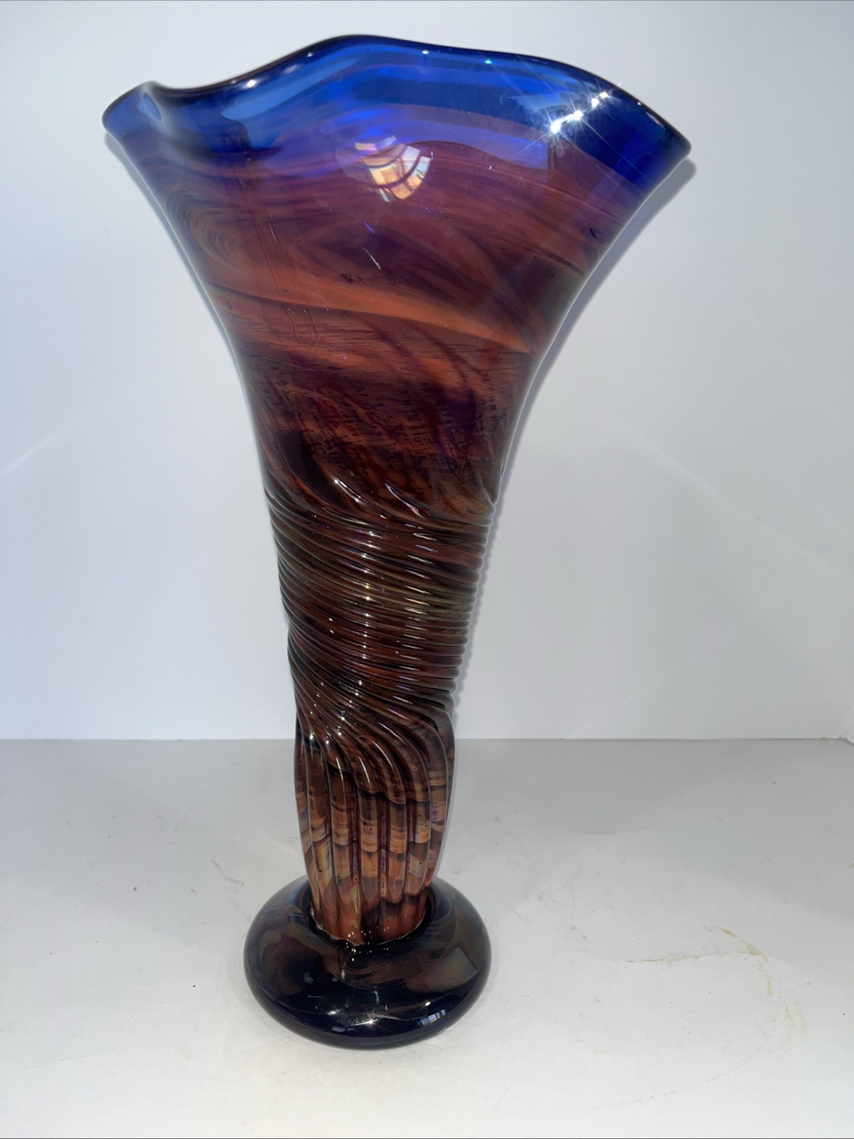 VTG Electric Purple Imperial Amethyst Carnival Glass Ripple Vase 13”Swung