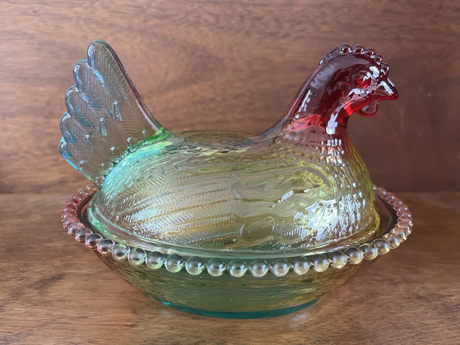 Glass Hen On Nest Multicolor Beaded Edge 7 X 5 1/2