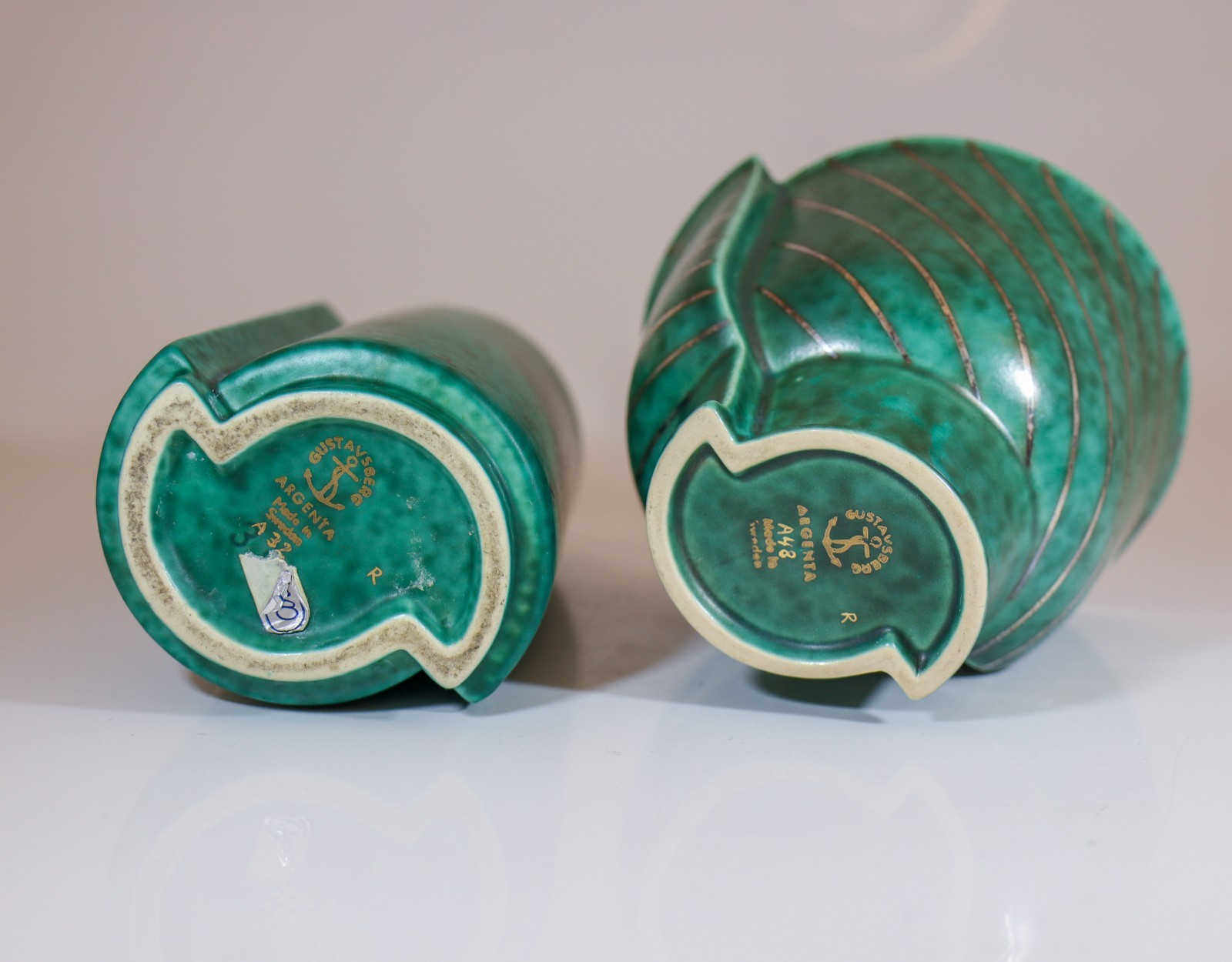 TWO RARE GREEN CERAMIC VASE ARGENTA / SURREA – WILHELM KÅGE GUSTAVSBERG