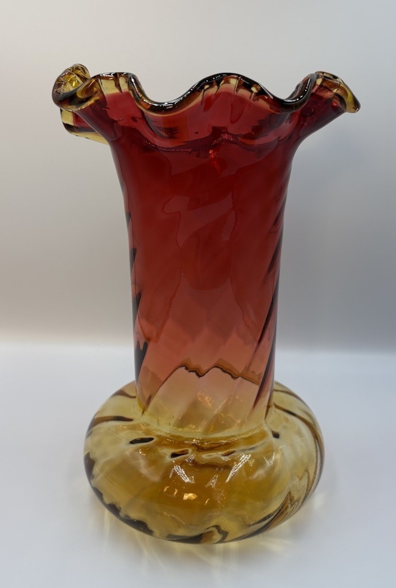 Antique Victorian Amberina Art Glass Vase 10 3/4” Ruffle Edge w/ Swirl Base