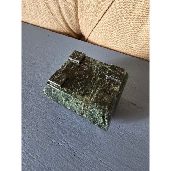 Vintage Green Serpentine Stone Jewelry Box – Marble Trinket Casket w/ Metal Lid
