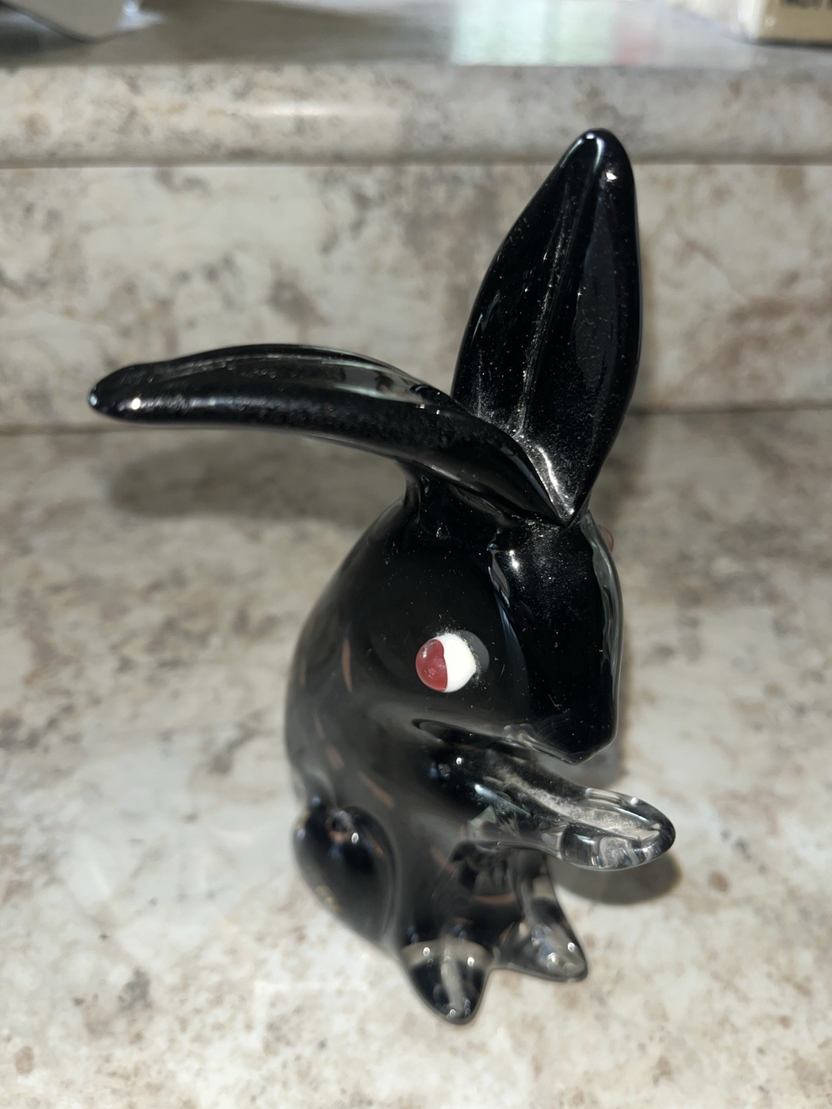 BLOWN GLASS RABBIT SOMERSO BLACK TO CLEAR 7.5” GOOD SIZE