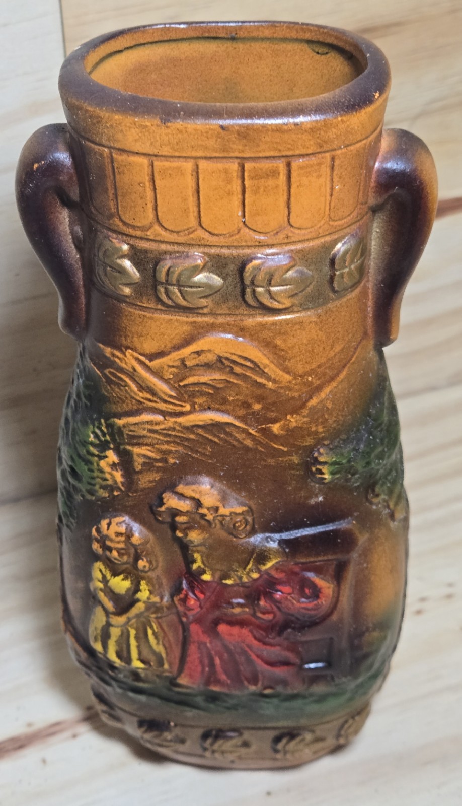 Vintage Norleans Japan Scenic Pottery Vase Planter Cottage Mountain Relief…