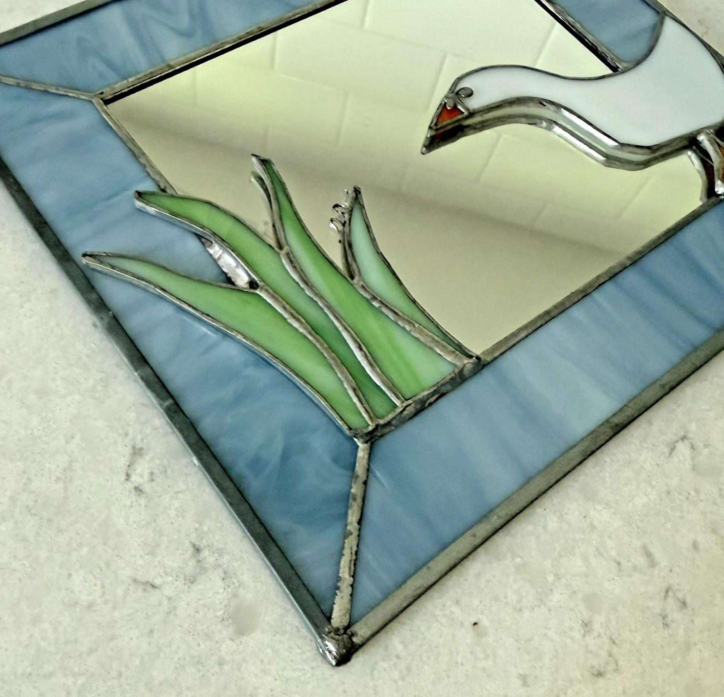 Stained Glass Mirror Country Blue Frame with Goose Sun Catcher Wall Hanging