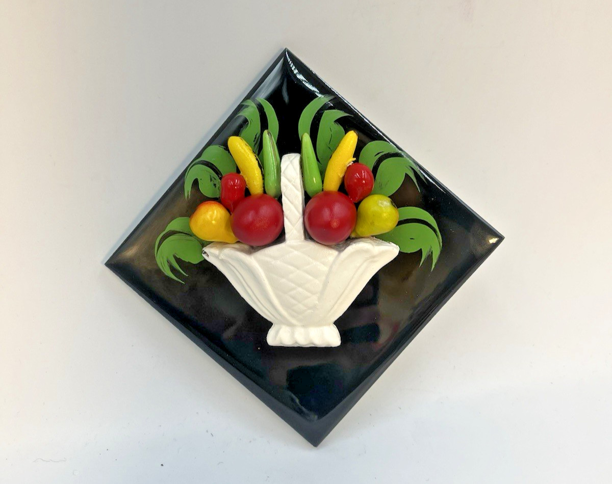 MCM Fruit Basket 3D Ceramic Tile, Handmade W H Carb Chicago Wall Plaque Art VTG